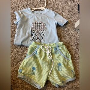 Blue Graphic Tee and Green Striped Shorts Set